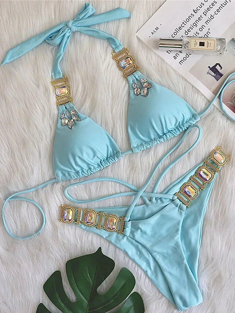 Sexy Halter Crystal Diamond Bikini 2025 Female Swimsuit Women Brazilian Swimwear Two piece Bikini set Triangle Bathing Suit Swim