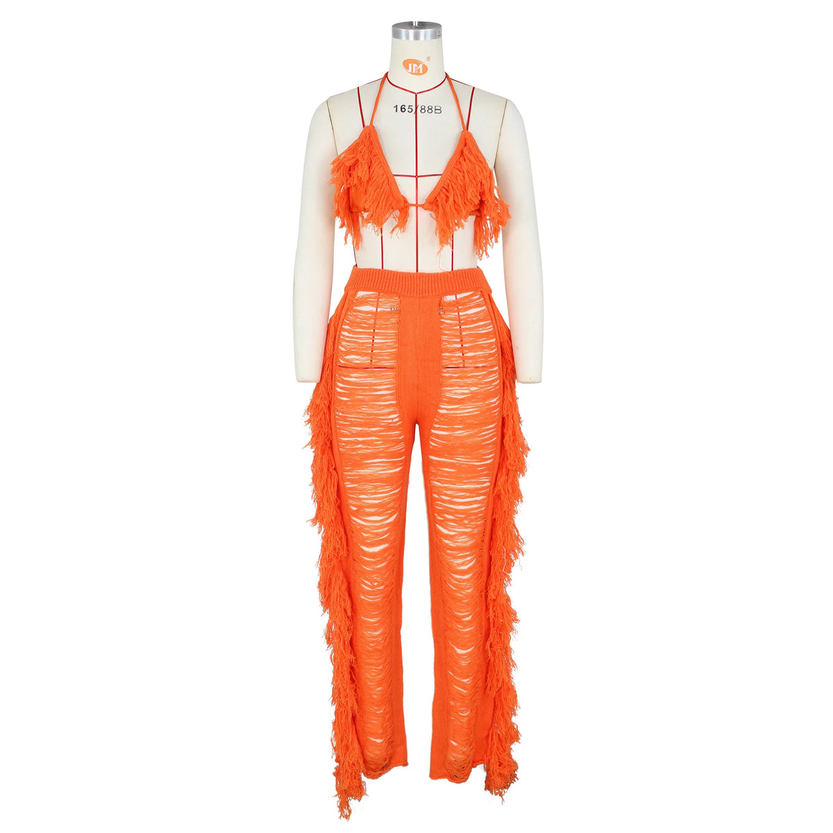 DEKA Women Tassel Pants Knitted Bra Top Bikini Set Swimsuit Handemade Crochet Bikini Cover-Up Tassel Beach Long Wrap Pant
