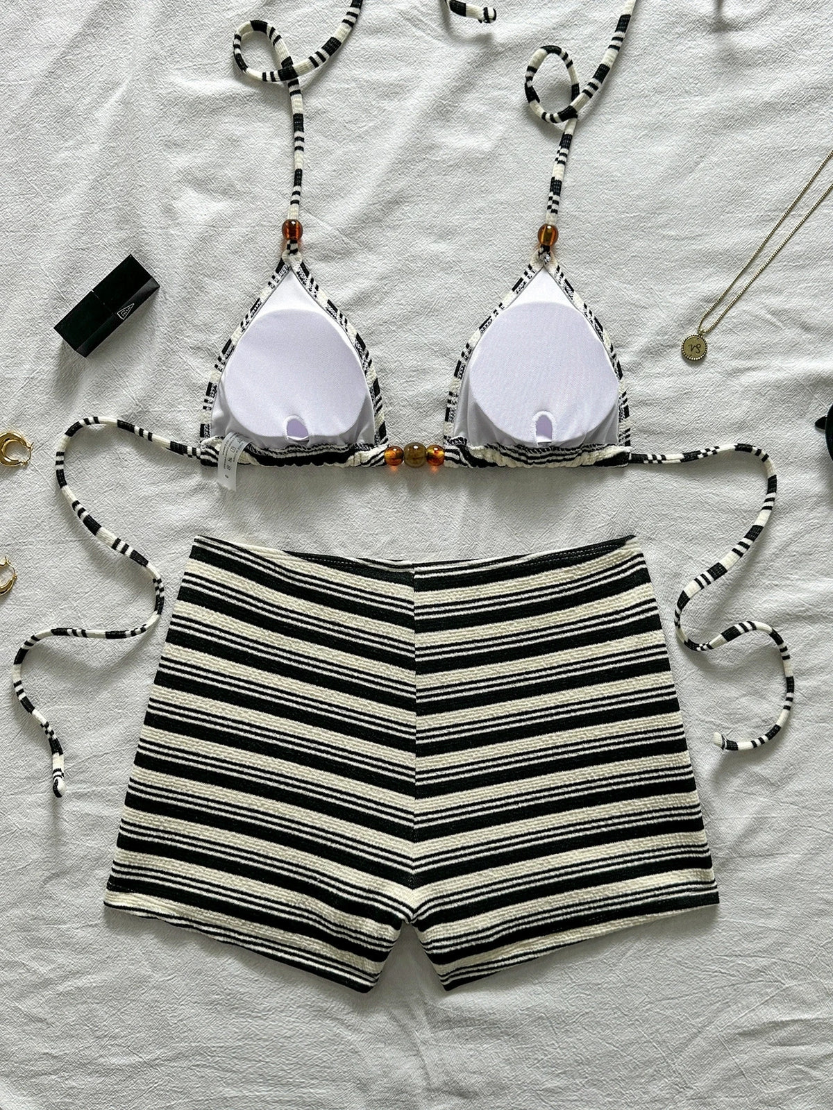 DEKA Summer Womens Striped Bikini Sexy Halter Bra Tops with Shorts 2 Pcs Set Beach High Waist Swimwear Female Bathing Suit