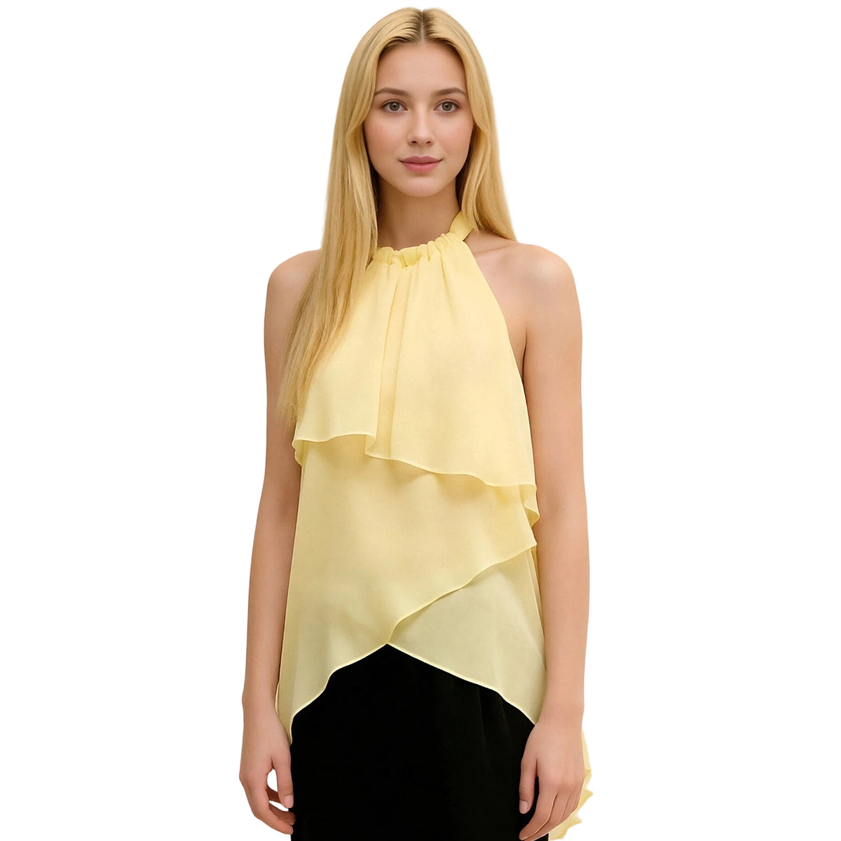 Women Summer Trendy Asymmetrical Layered Backless Shirts Solid Color Chiffon Halter Tops for Streetwear