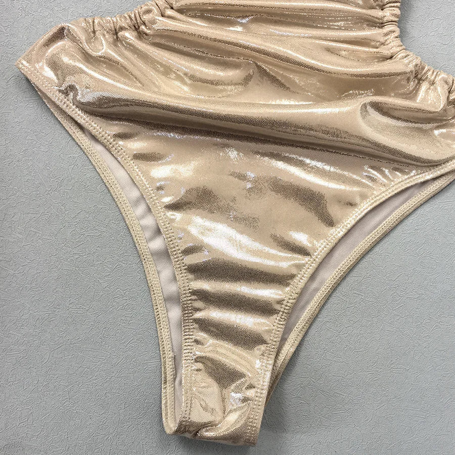 Sexy Gold One Piece Swimsuit 2025 Women Halter Neck Pleate Backless Tummy Control Swimwear Beach Bathing Suit Holiday Monokini