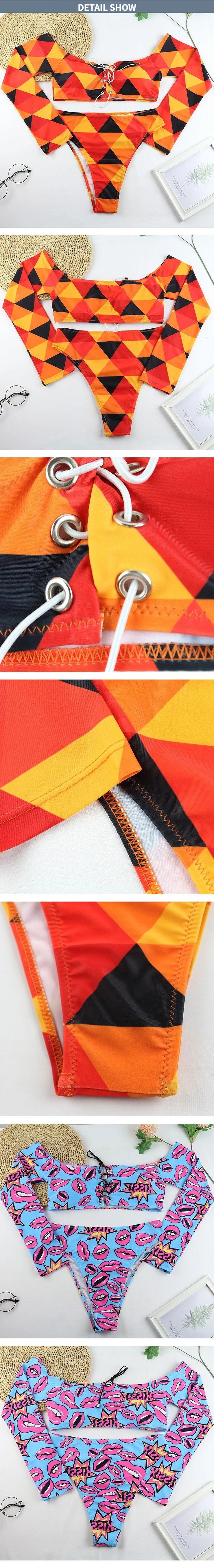 2026 Sexy Two Piece Swimsuit Swimwear Women Long Sleeve Lips Plaid Print High Waist Bathing Suit Beachwear Bikini Bandeau Female