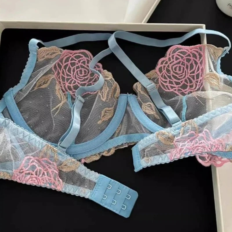 Pure Desire French Lace Bra Set Rose Embroidery Minimizer Wireless Comfort Support Full Bust Anti Sagging Breathable No Show USA