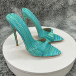 Women's Turquoise Croc Embossed Patent Leather Pointed Toe Stiletto Mules - Slip-On Open Toe High Heel Sandals for Summer Party