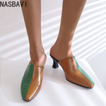 NASBAVI New Breathable Hollow Slippers Stone Pattern Leather Pumps Women Chunky Heels Mules Black Dress Shoes Big Size 45 46 47