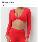 Long Sleeve Gym Crop Tops for Women Twist Deep V Workout Quick Dry Padded Sports Fitness Yoga T-Shirt