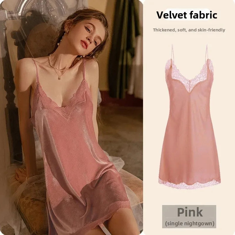 Sexy Velvet Nightgown Set Women's Autumn Winter Hot Sale Of The Season Pure Desire Gold Velvet Strap Sleepwear Robe Two-Piece Se