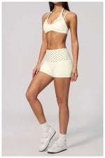 Breathable Striped Patchwork Yoga Clothing Women Fake Two-piece Sports Bra Folding High Waist Shorts Gym Running Fitness Suit