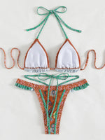 Floral Printed Halter Ruffled Frilled Bikini Women Swimwear Female Swimsuit Two-pieces Bikini set Thong Bathing Suit Swim Lady