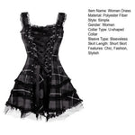 Lace Up Sleeveless A-Line Dress Steampunk Plaid Mini Dress for Women Medieval Renaissance Corset Lace Trim Gothic Dress