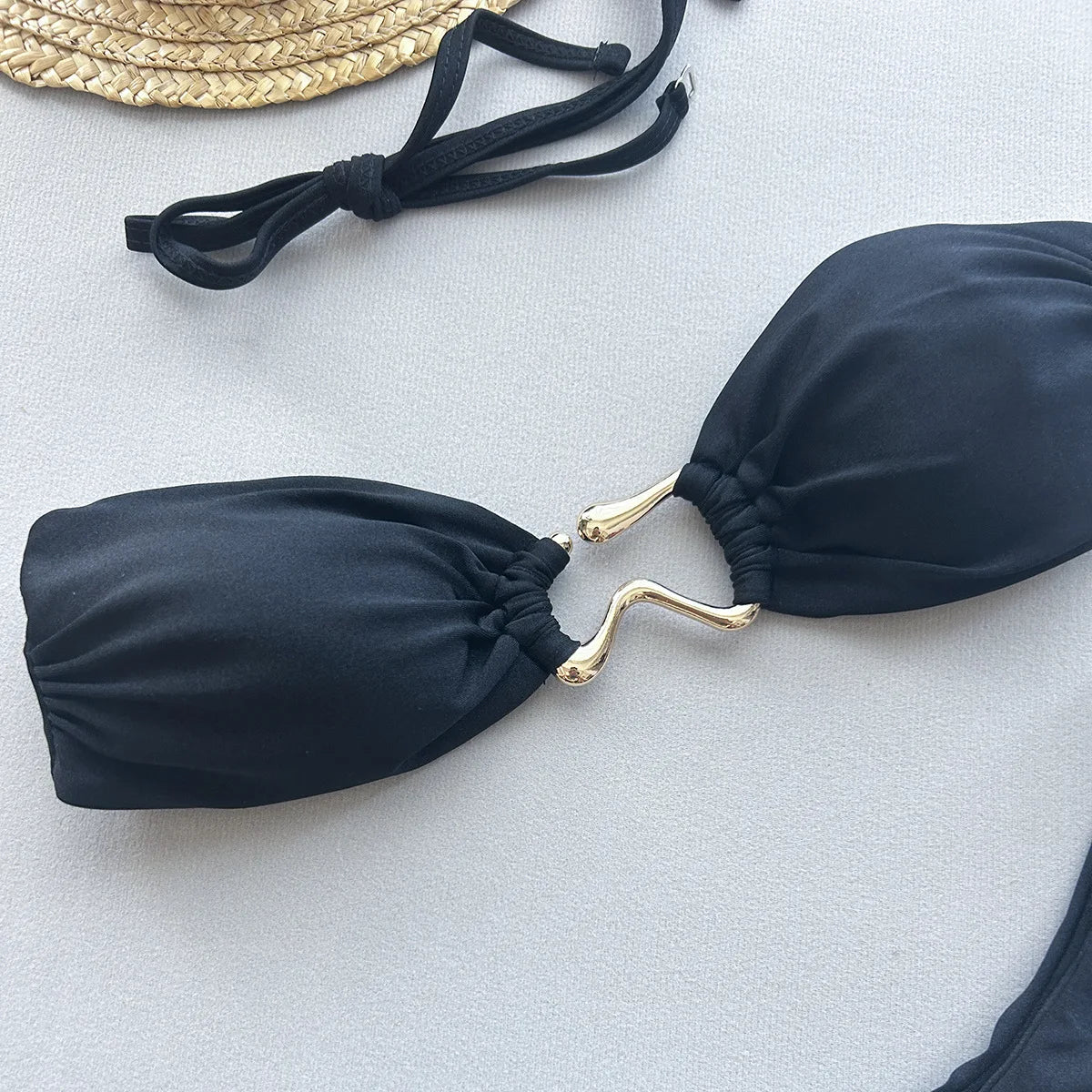 DEKA Bandeau Bikini Summer Beach Classic Strapless Swimsuit Women Sexy Tie Side Shiny Metal Hardware Ring Bandeau Bikni Beach