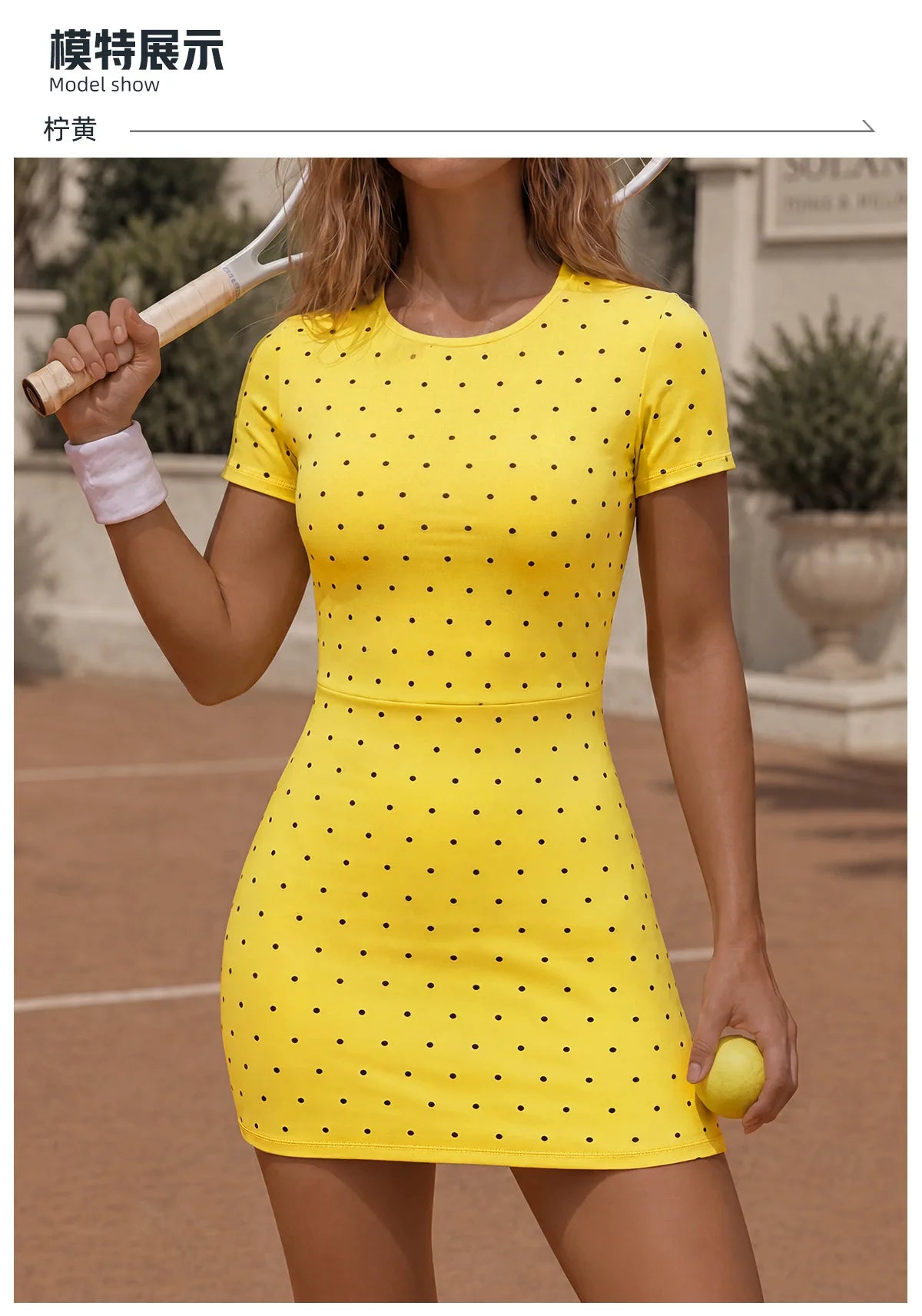 Retro Polka Dot Sports Tennis Dresses Women Quick Drying Round Neck Short Sleeve Back Hollow Cross Slim Yoga Golf Fitness Dress