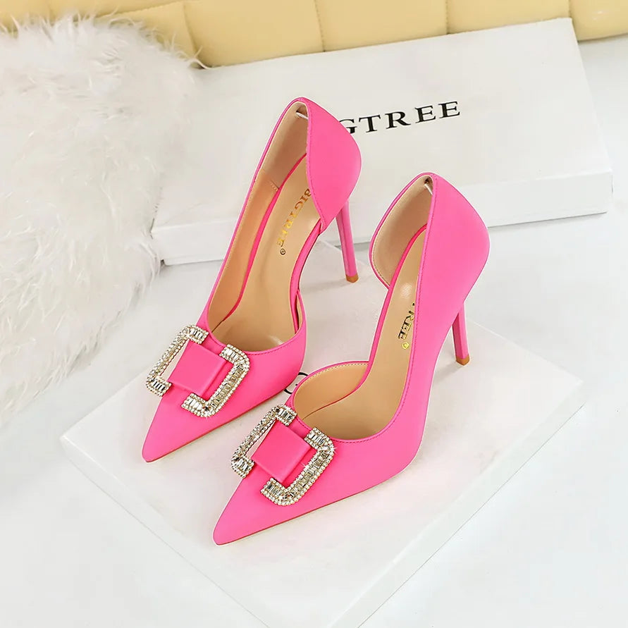 BIGTREE Pumps Elegant Pointed Crystal Buckle Slim High Heel Single Shoes Women Silk Spring/Summer High Heel Pumps Wedding Dress