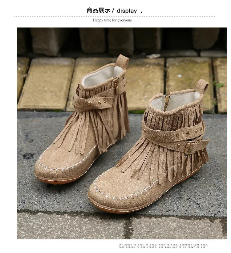 Vintage Women Boots Suede Ankle Boots Fringe Women Shoes Winter Boots Women Side Zipper Casual Shoes Ladies Snow Boot