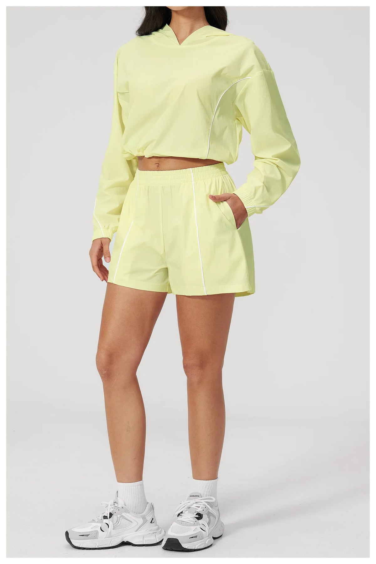 Summer Sun Protection Yoga Suit Women Contrasting Colors Long Sleeve Hoodies Top High Waist Shorts Running Fitness Athletic Wear