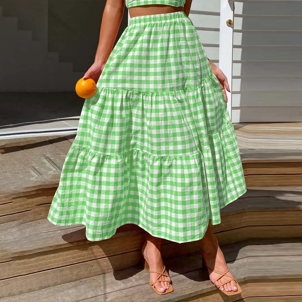 2026 Summer Vintage Checkered Maxi Skirt Women High Waisted Elastic Plaid Ruffle Long Skirts Retro Sweet Cake ALine Skirts