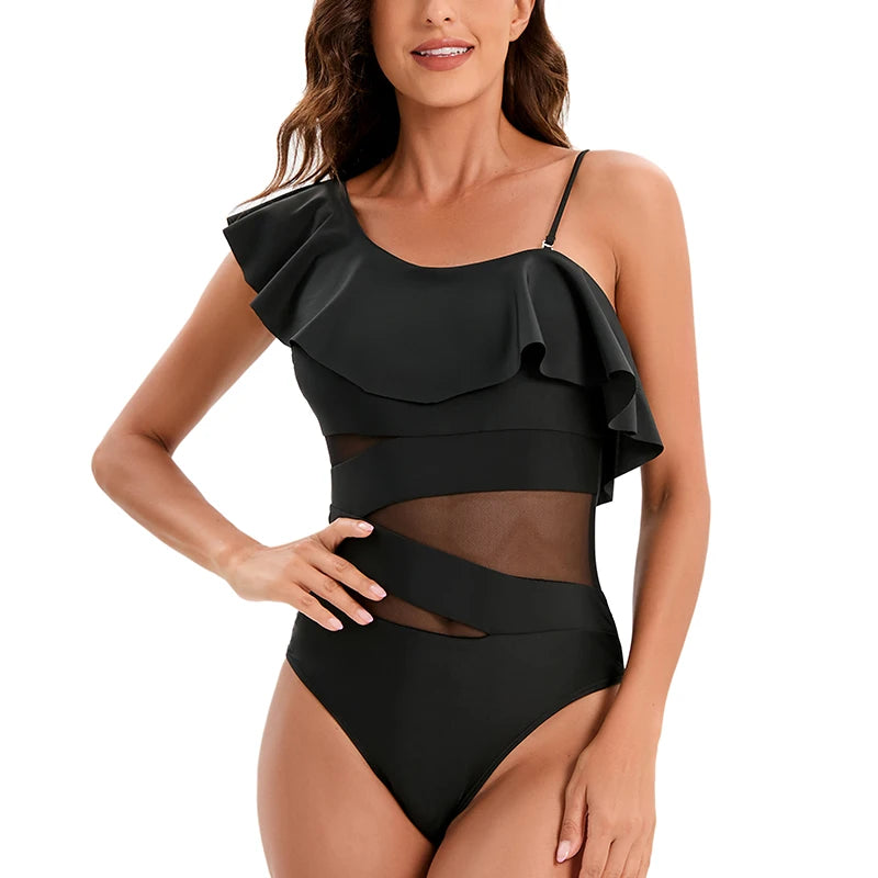 2025 Women's Ruffled One Piece Swimsuit Femme One Shoulder Backless Bathing Suit Sexy Monokini Beachwear Female Bodysuit