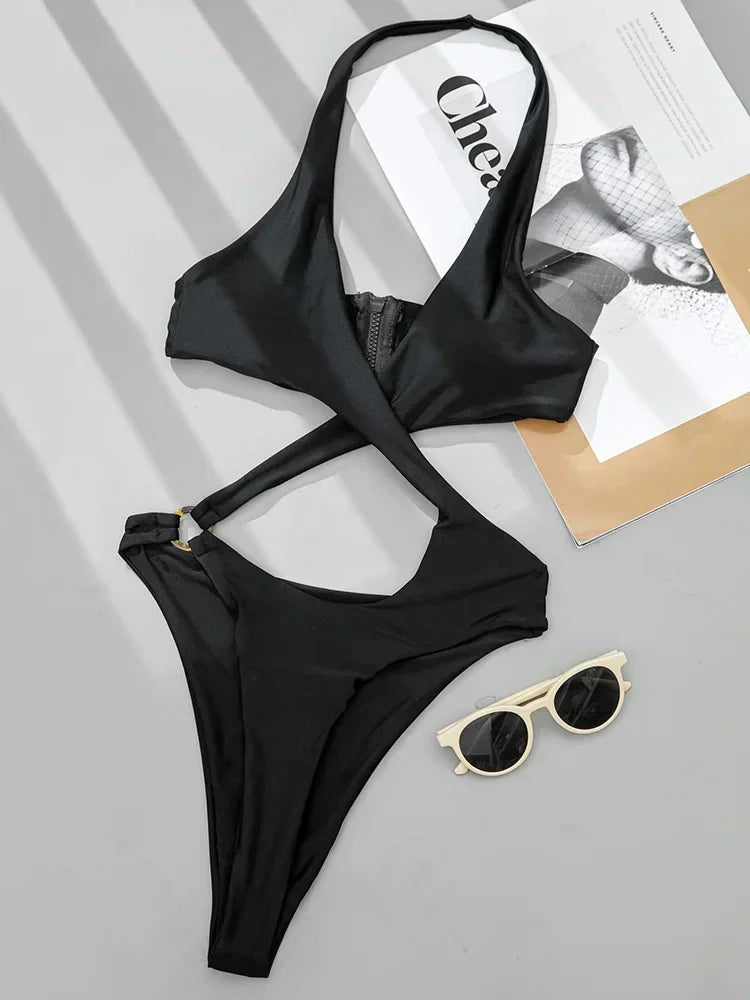 2025 Sexy High Cut Out Halter Female Swimwear One Piece Swimsuit Women Cross Bandage Monokini Bather Bathing Suit Swim Beachwear