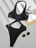 2025 Sexy High Cut Out Halter Female Swimwear One Piece Swimsuit Women Cross Bandage Monokini Bather Bathing Suit Swim Beachwear