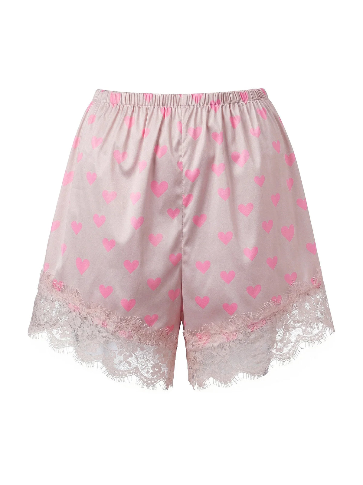 Summer Women’s Satin Lace Hem Shorts Elastic Waist Loose Fit Wide Leg Short Pants Casual Lounge Bottoms Solid Color