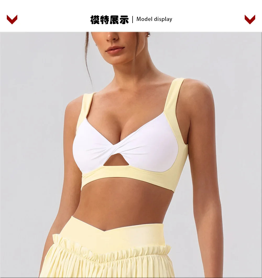 Sexy Detachable Sports Bra Women Color Contrast Hollow Out Front Twisted Gym Workout Yoga Underwear Athletic Training Crop Top