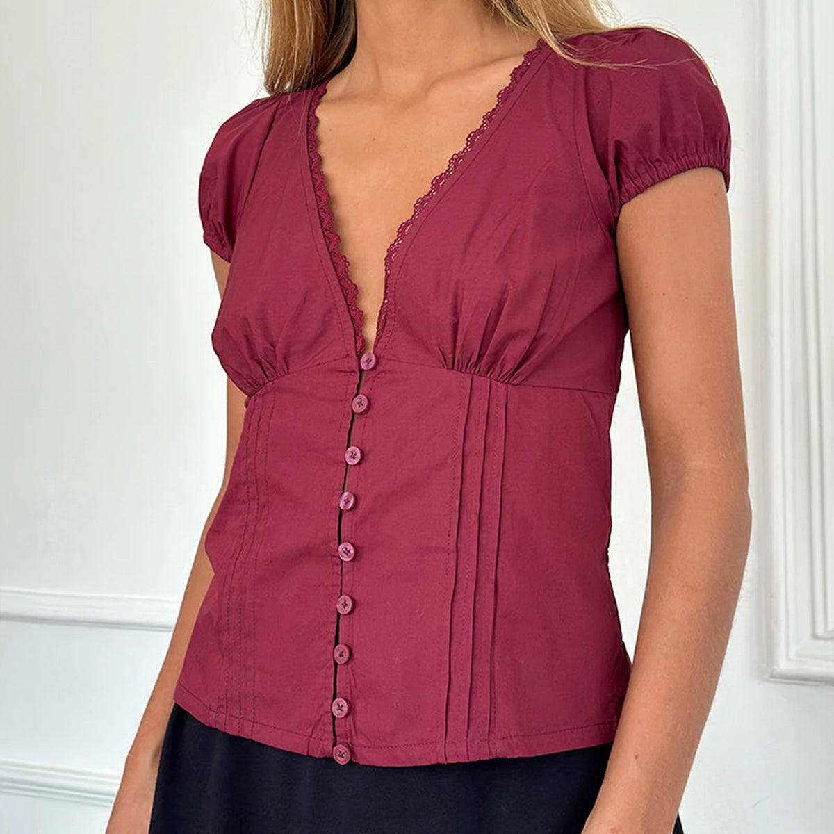 Women's Summer Solid Color Casual Shirt Short Sleeve Deep V Neck Lace Trim Buton Up Party Sweet Crop Tops