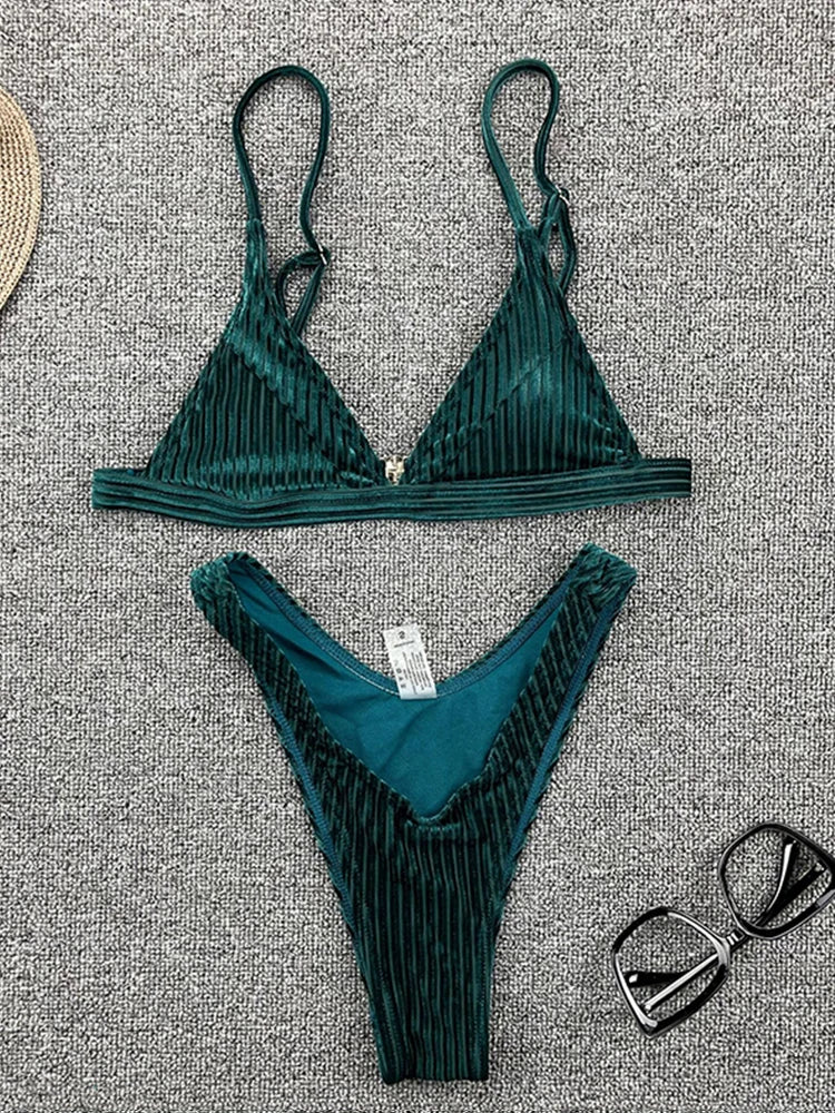 Ribbed Metallic Velvet Bikini Women Swimsuit Female Thong Swimwear Two Pieces Bikini Set High Cut Bathing Suit Swim Beachwear