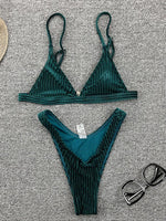 Ribbed Metallic Velvet Bikini Women Swimsuit Female Thong Swimwear Two Pieces Bikini Set High Cut Bathing Suit Swim Beachwear