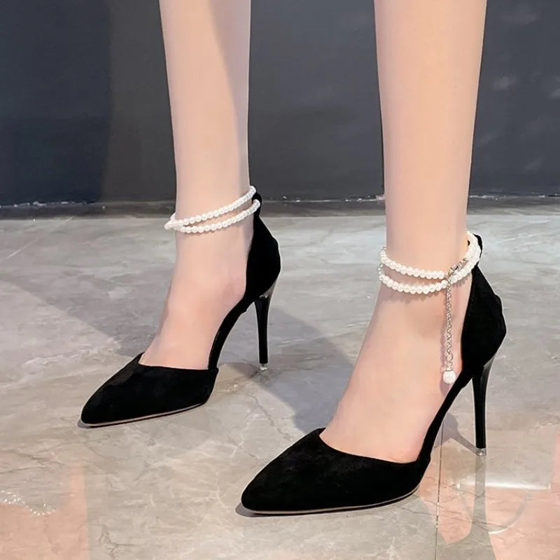 Pearl Baotou Heel Women's Shoes Spring Summer Ankle Strap Pointed Toe Pumps Sexy High Heels Female Shoes