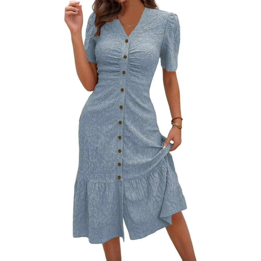 Women's Button Down Ruched Long Dress Summer Beach A-Line Swing Sundress Casual Short Sleeve V-Neck Maxi Dress