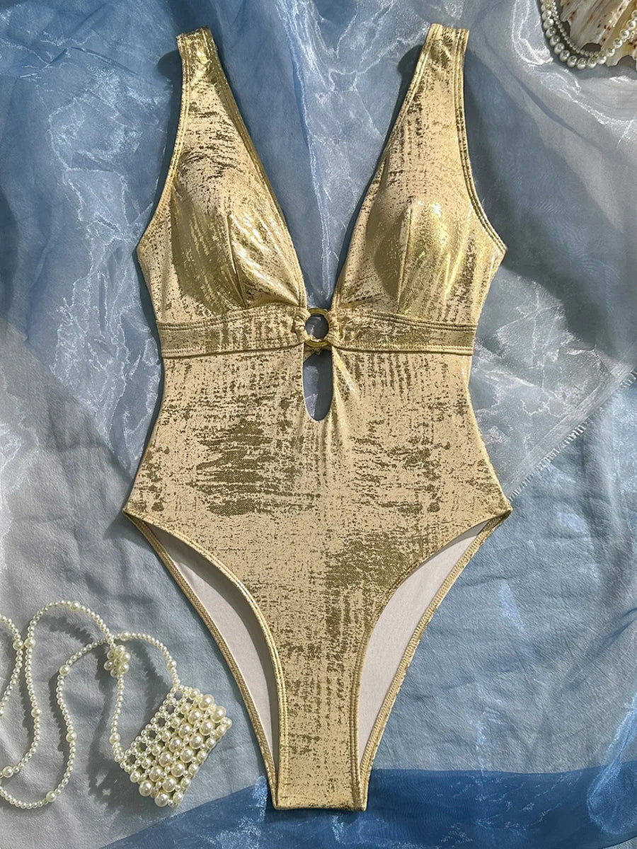 Golden Glitter Deep V Neck Female Swimwear One Piece Swimsuit Women Backless Monokini High Leg Cut Bathing Suit Swim Beachwear