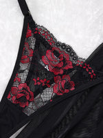 Black and red rose embroidered lace nightgown, sophisticated style deep V netted sheer strapless nightgown thong set ZA825133