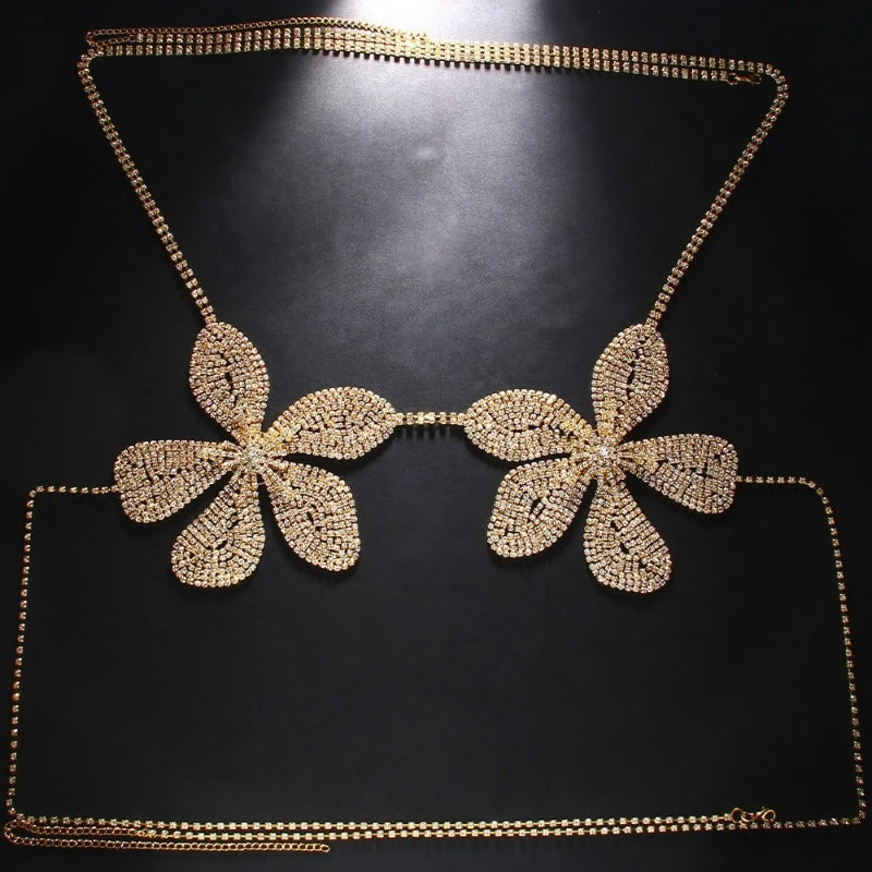 Exaggerated Crystal Flower Chest Chain Lingerie Women Accessories New in Summer Top Rhinestone Body Jewelry Bra Bikini Clothing