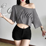 Letter Print Oversized Tees Women Skew Collar Off Shoulders Short Sleeves T-shirt Irregular Hem Hip-hop Style Trend Crop Tops