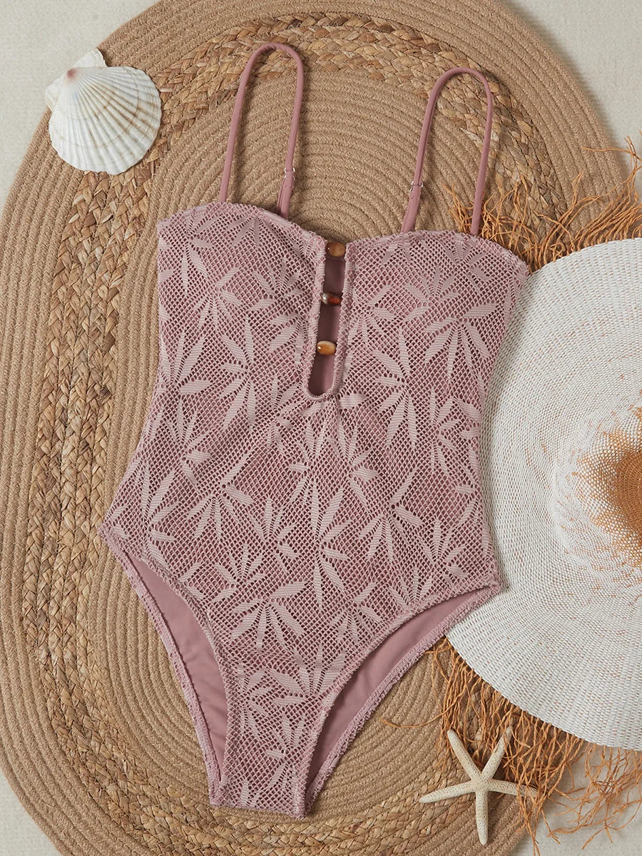 Leaves Printed Mesh Hollow Out Women Swimwear One Piece Swimsuit Female Monokini High Leg Cut Bather Slim Bathing Suit Swim Lady