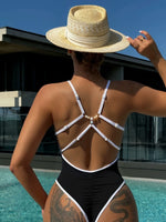 Sexy Black White patchwork One Piece Swimsuit 2026 Women Hollow Pearls Back Criss Cross Bathing Suit Holiday Swimwear Monokini