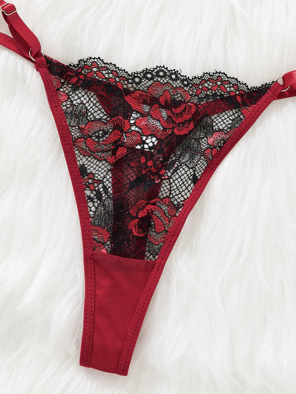 Red wine rose embroidered lace nightgown set - Retro style deep V mesh sheer camisole thong set ZA825133