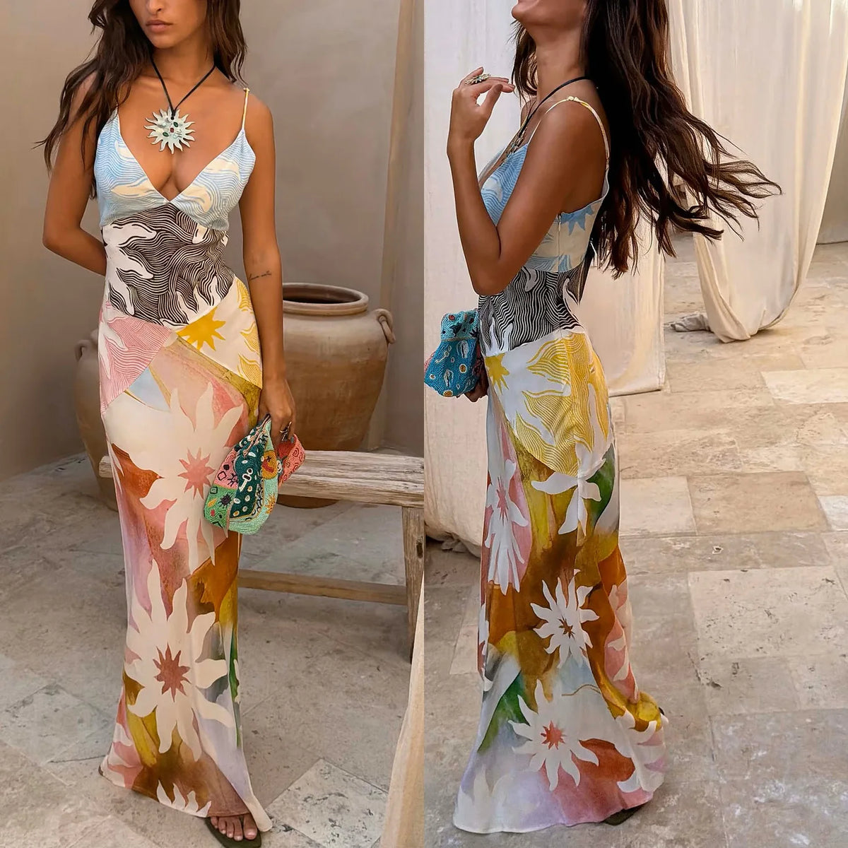 Summer New Print Spaghetti Strap Dress Women Summer New Fashion Sexy Deep V-neck Slim Dresses Vacation Style Bodycon Vestidos