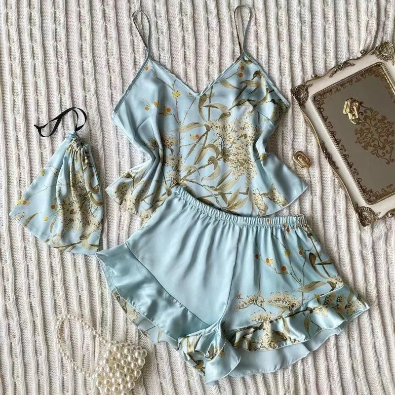 Elegant Floral Print Cami Tops Ruffle Hem Shorts Pajama SetWomen's Sleepwear Loungewear
