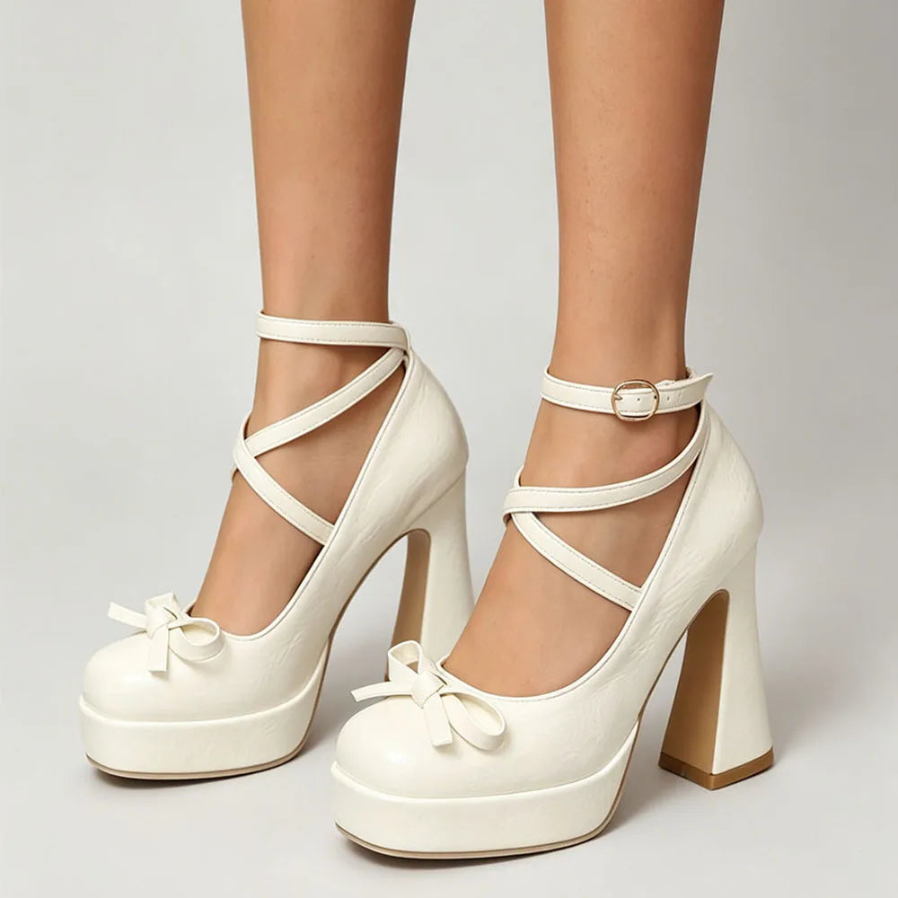 Big Size 45 Women's Sweet Pink Mary Jane 10.5cm High Heels Pumps Lolita Round Toe Bow Cross-Strap Platform Chunky Heel Shoes