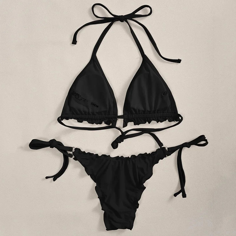 2026 Ribbed Ruffled Frilled Brazilian Bikini Women Swimsuit Female Swimwear Two Pieces Bikini Set Halter Bathing Suit Swim Lady
