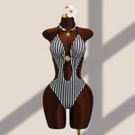 Vintage Black Striped One Piece Swimwear Women 2026 3D Metal Flower Hollow Out Backless Beach Holiday Bathing Suit Swimsuit