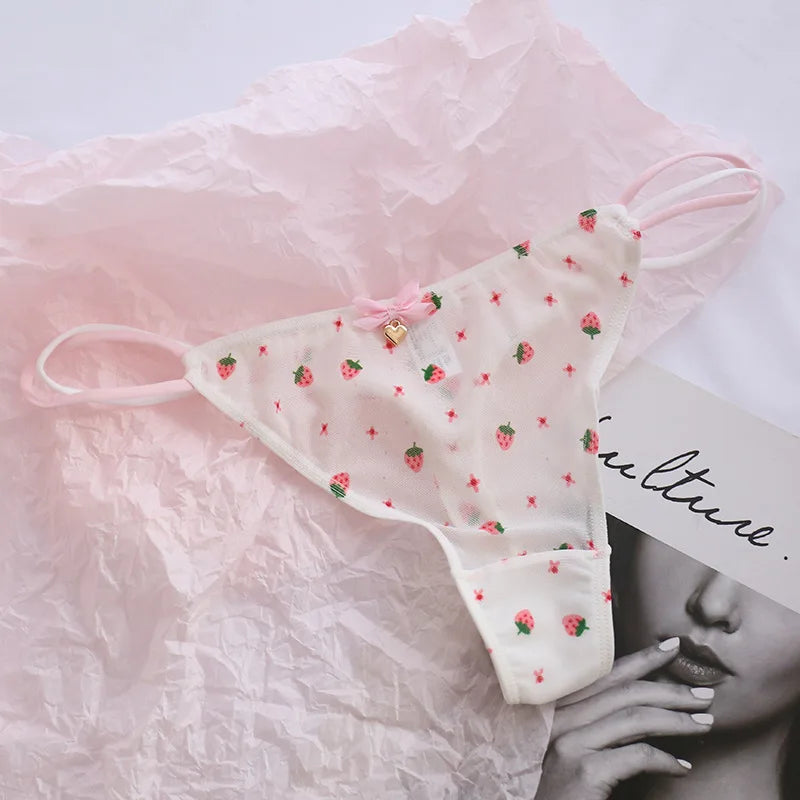 Sexy Pantis Mesh T Pants Thong Cute Transparent Strawberry Cherry Ladies Panties Underwear Low Waist Seamless Lace G-string Wome