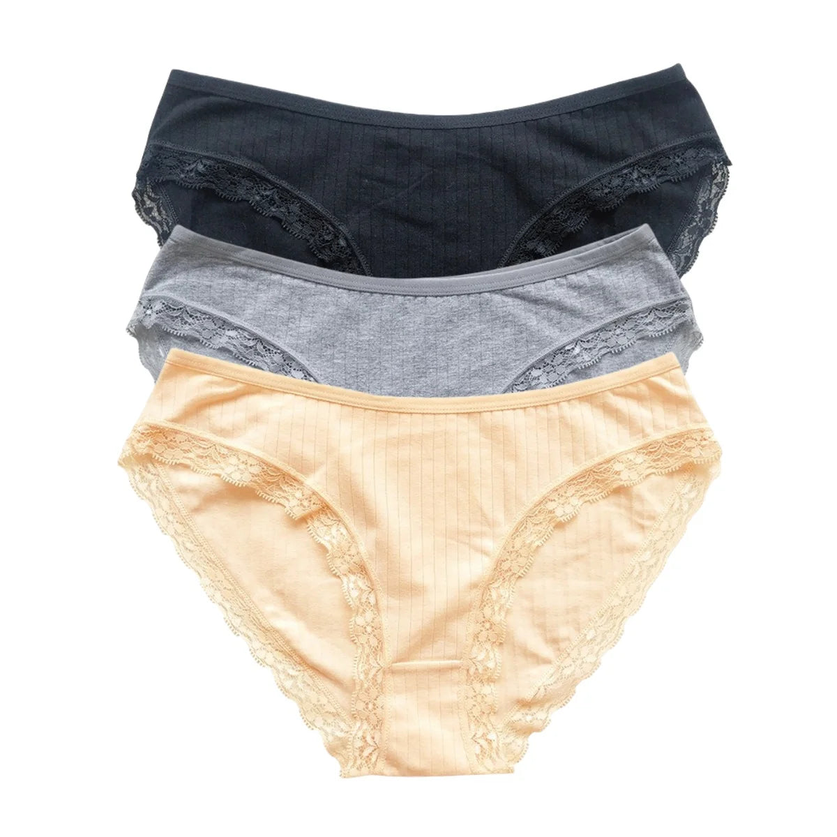 3Pcs/Set Cotton Panties Women Lace Trim Briefs Female Underpants Solid Color Soft Underwear Sexy Lingerie Intimates M-XL