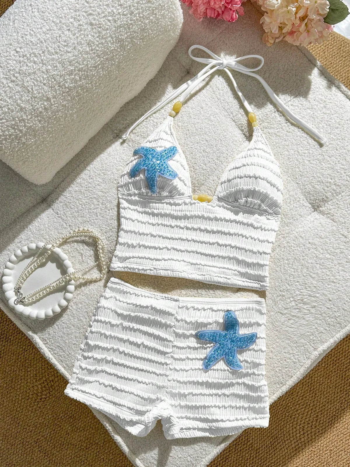 DEKA Women Shorts Swimwear Two-Pieces Bikini Set Bather Bathing Suit Swim Sequins Starfish Halter High Waist Bikini Female Swims