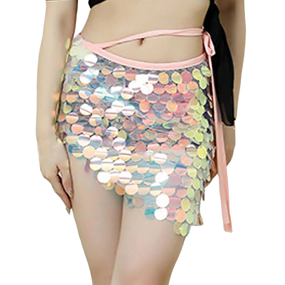 Womens Iridescent Sequin Mini Skirt Tie Waist Asymmetrical Hem Bodycon Skirt Shiny Sparkle Bottoms For Beach Cover Up Party Rave
