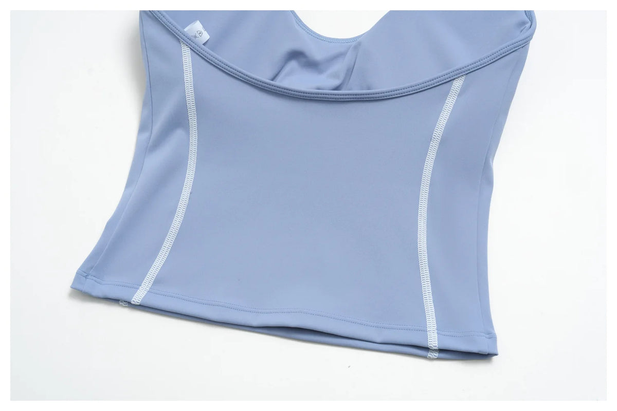 2PCS Women Yoga Sets Color Contrast Hanging Neck V Neck Slimming Sports Tank Top Flip High Waist Shorts Gym Running Fitness Suit