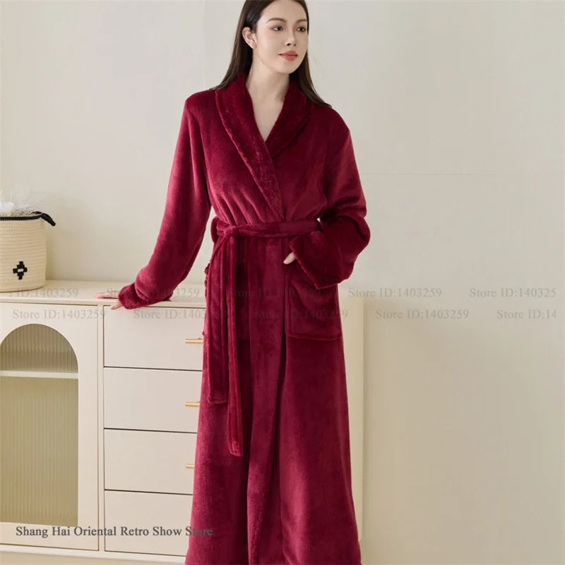 Couple Plus Size Winter Bathrobe Thick Coral Fleece Long Robe Soft Flannel Kimono Gown Loose Home Sleepwear Loungewear
