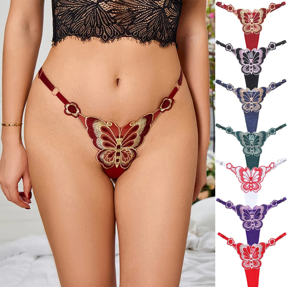 Butterfly Lace Thong for Women Low Waist G-String Transparent Mesh Panties Sexy Embroidered Briefs Adjustable Waist Culotte Femm