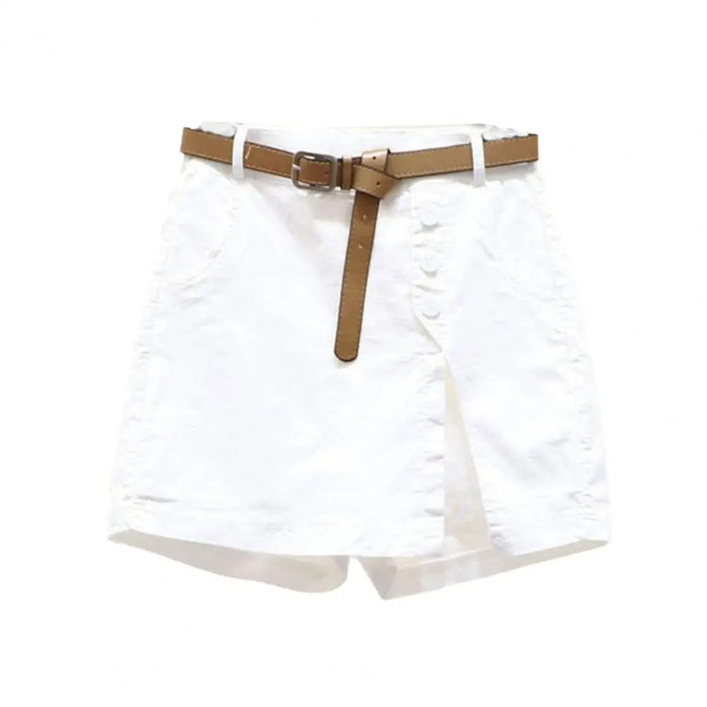 Women Skirt Shorts Above Knee Length High Waist Fake Two Piece Button Decor Side Split Pockets Straight Streetwear